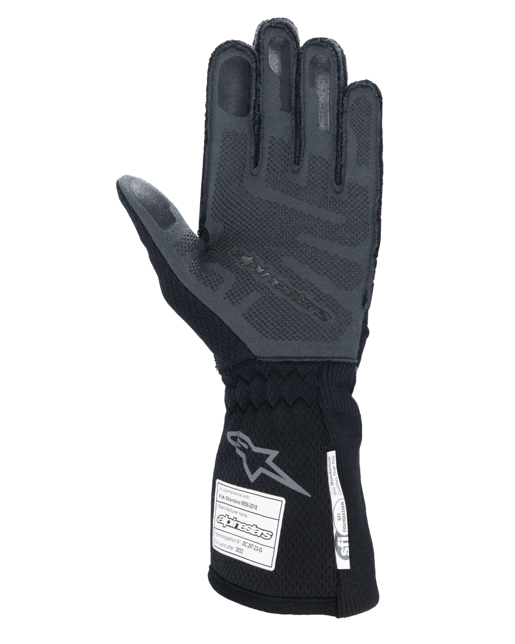 Alpinestars Tech-1 ZX V4 Handschuhe, Schwarz Anthrazit, Handflächenansicht mit strukturierter 3D-Silikon-Grifffläche, lange Manschette mit FIA- und SFI-Sicherheitszertifizierungs-Labels, professionelle Auto-Rennhandschuhe