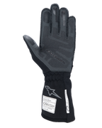 Alpinestars Tech-1 ZX V4 Handschuhe, Schwarz Anthrazit, Handflächenansicht mit strukturierter 3D-Silikon-Grifffläche, lange Manschette mit FIA- und SFI-Sicherheitszertifizierungs-Labels, professionelle Auto-Rennhandschuhe