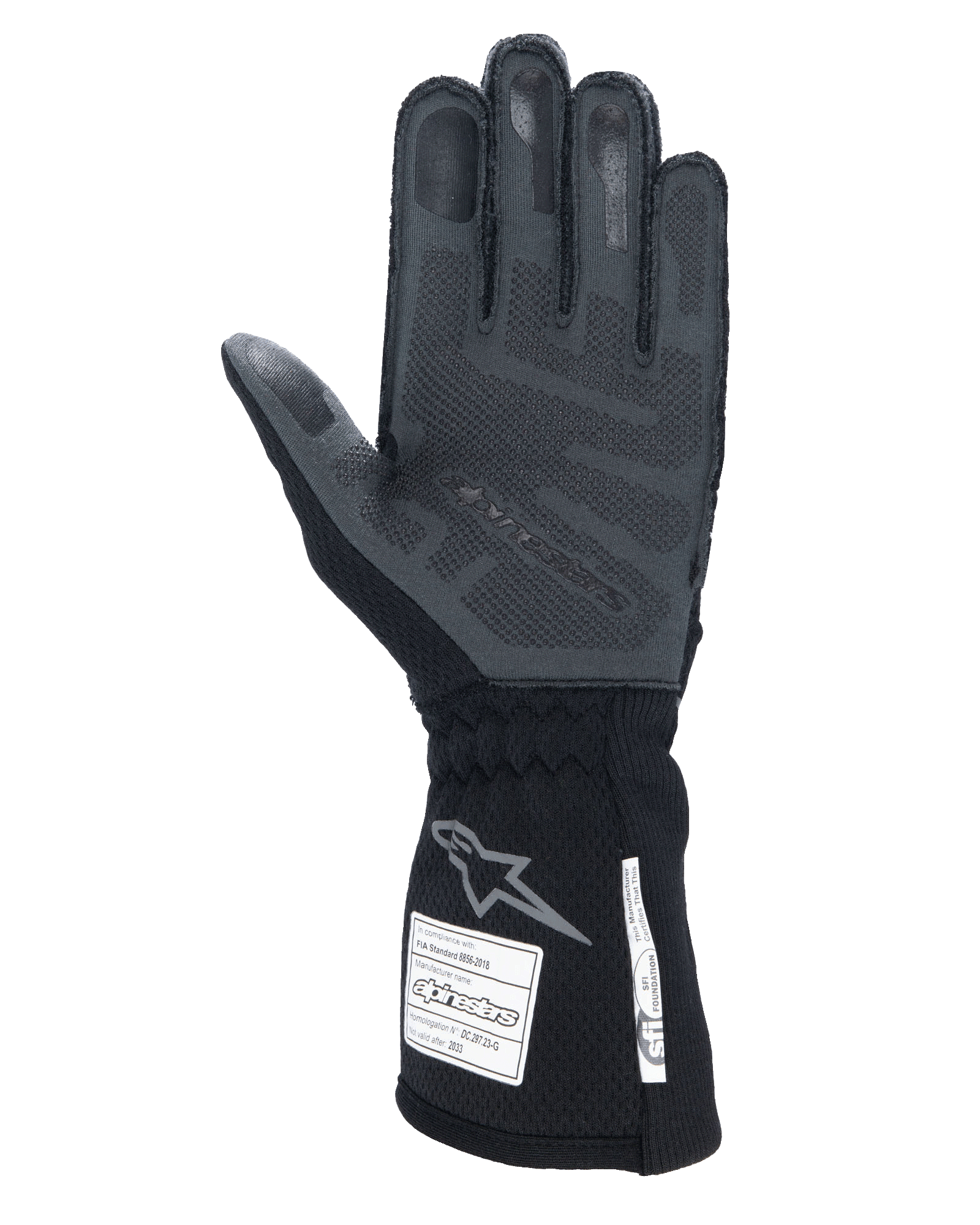 Alpinestars Tech-1 ZX V4 Handschuhe, Schwarz Anthrazit, Handflächenansicht mit strukturierter 3D-Silikon-Grifffläche, lange Manschette mit FIA- und SFI-Sicherheitszertifizierungs-Labels, professionelle Auto-Rennhandschuhe