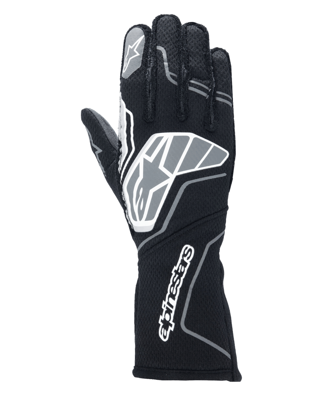 Alpinestars Tech-1 ZX V4 Handschuhe, Motorsport-Rennhandschuhe, Schwarz und Anthrazit, mit einem großen Stern-Logo auf dem Handrücken und Alpinestars-Schriftzug auf der langen Stulpe, Stern-Logo auf dem Zeigefinger, professionelle feuerfeste Konstruktion