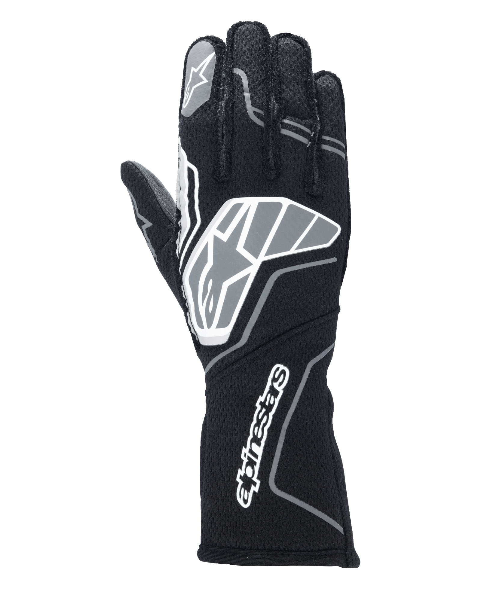 Alpinestars Tech-1 ZX V4 Gloves, Auto Racing Gloves, Black and Anthracite Gray, featuring a large star logo on the backhand and Alpinestars wordmark on the long gauntlet cuff, star logo on the index finger, professional flame-resistant construction