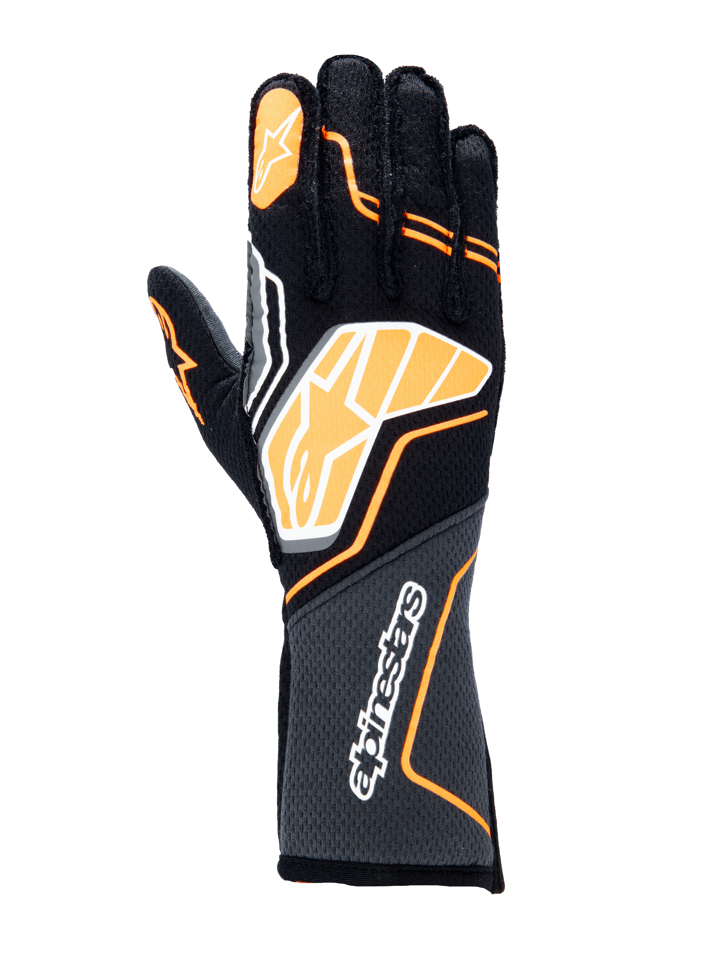 Alpinestars Tech-1 ZX V4 Gloves, Auto Racing Gloves, Black with Orange Fluo and White accents, featuring a large graphic logo on the back of the hand, honeycomb textured fabric on the cuff, sporty geometric design for professional racing