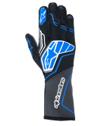 Alpinestars Tech-1 ZX V4 Gloves, Auto Racing Gloves, Black with Blue and Grey Accents, featuring the white Alpinestars star logo and wordmark, honeycomb fabric construction, professional motorsport gear.