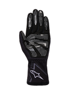 Alpinestars Tech-1 K Race V2 Handschuhe Graphic 1, Karting-Handschuhe, Schwarz, Teergrau und Weiß, Handflächenansicht mit weißem Silikon-Gripmuster und Alpinestars-Logo an der Manschette.