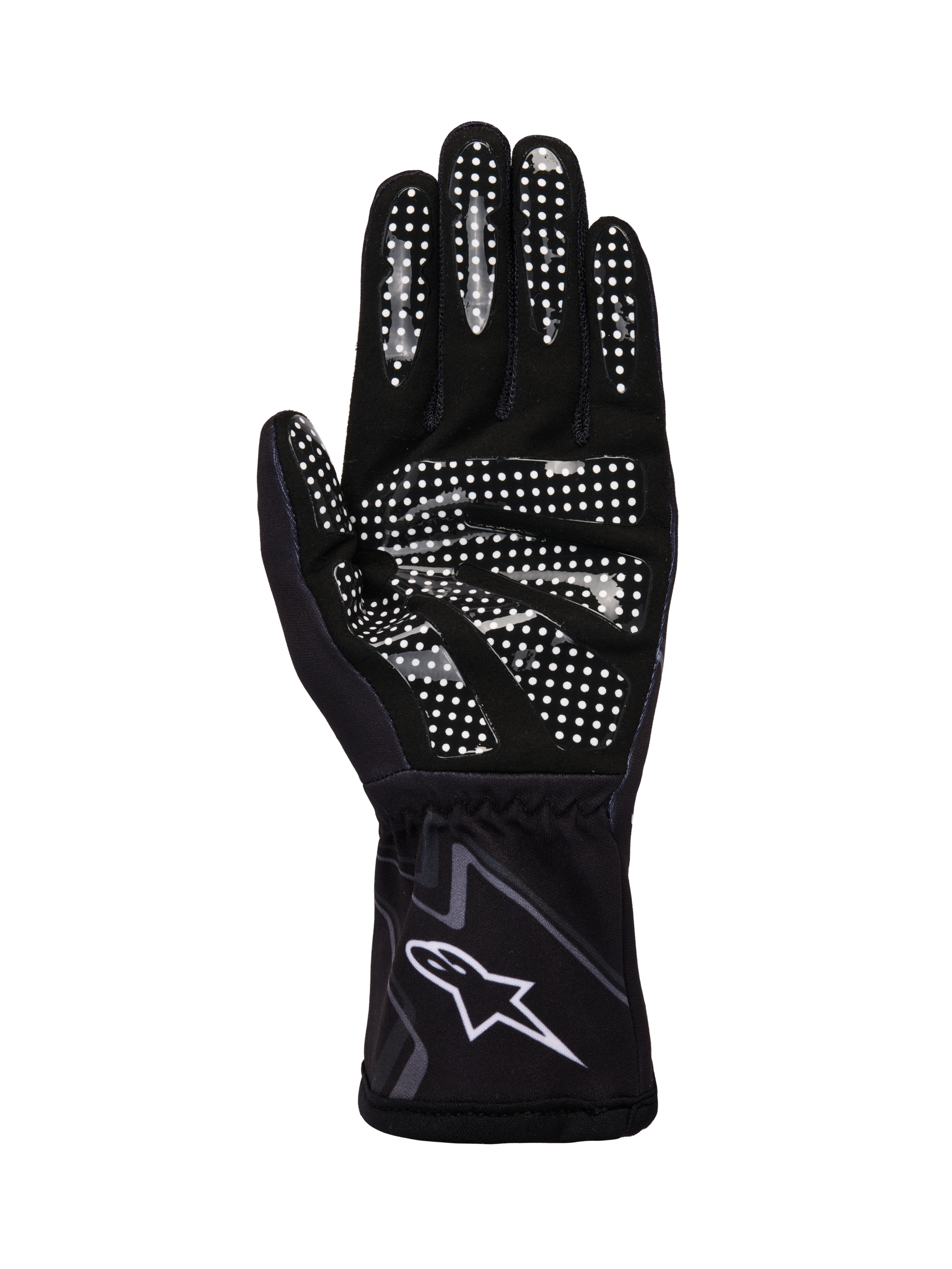 Alpinestars Tech-1 K Race V2 Handschuhe Graphic 1, Karting-Handschuhe, Schwarz, Teergrau und Weiß, Handflächenansicht mit weißem Silikon-Gripmuster und Alpinestars-Logo an der Manschette.