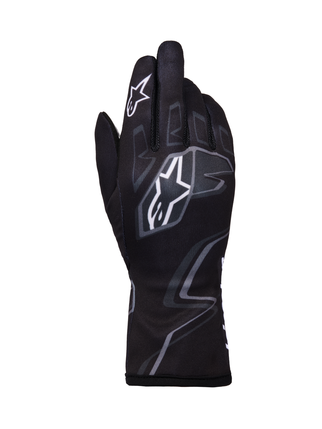 Alpinestars Tech-1 K Race V2 Handschuhe Graphic 1, Karting-Rennhandschuhe, Schwarz mit weißen und grauen geometrischen Mustern, mit Alpinestars Stern-Logo, leichte Textilkonstruktion mit gedruckten Grafiken