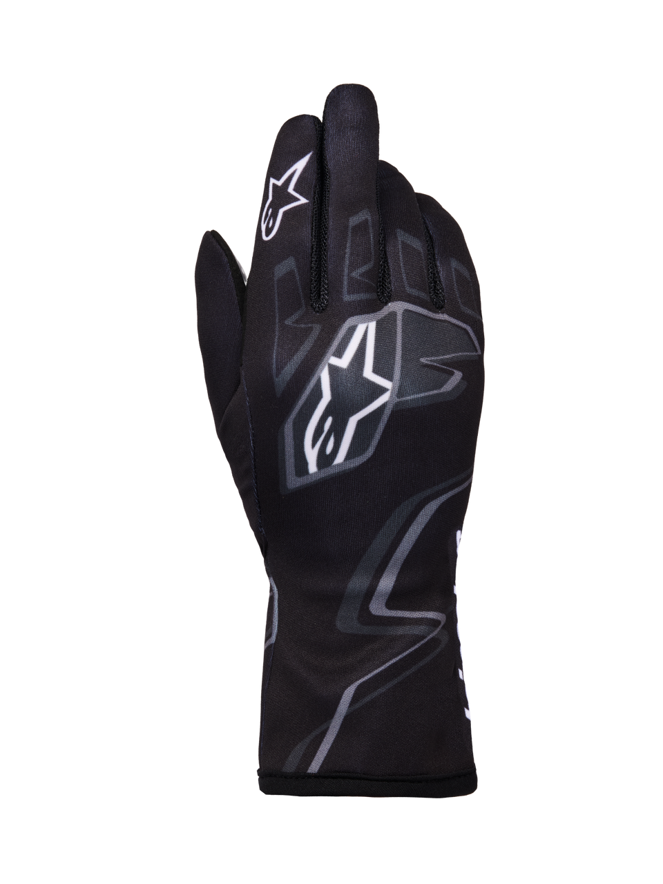 Alpinestars Tech-1 K Race V2 Gloves Graphic 1, Karting Racing Gloves, Black with white and gray geometric patterns, featuring Alpinestars star logo, lightweight textile construction with printed graphics