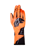 Alpinestars Tech-1 K Race V2 Gloves Graphic 1, Karting Racing Gloves, Orange Fluo with Black and White accents, back view of left-hand glove, bold star logo, form-fitting textile design with angular graphics