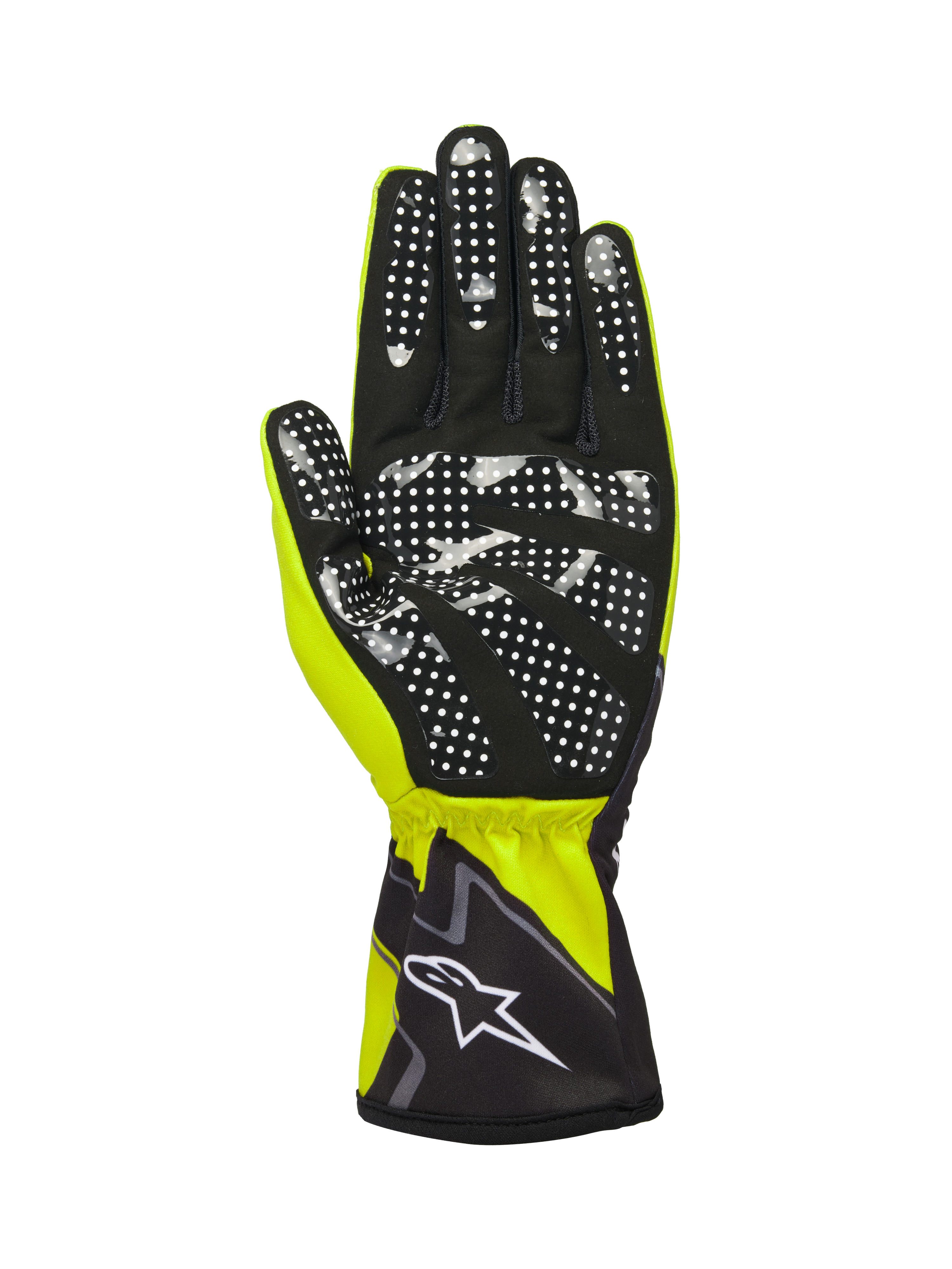 Alpinestars Tech-1 K Race V2 Gloves Graphic 1, Yellow Fluo Black and White, palm side view featuring black synthetic suede with a white silicone dotted grip pattern, elasticated cuff with white Alpinestars logo, high-performance karting glove