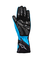 Alpinestars Tech-1 K Race V2 Gloves Graphic 1, Karting Gloves, Cyan Black and White, featuring a synthetic suede palm with white silicone dot pattern for grip, elasticated cuff with white Alpinestars logo, lightweight breathable construction for motorsport