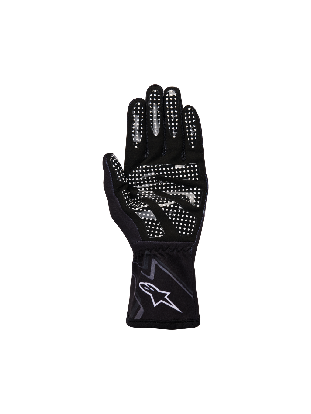 Alpinestars Jugend-Tech-1 K Race S V2 Graphic 1 Handschuhe, Schwarz, Teergrau und Weiß, Innenansicht der Handfläche mit weißem Silikon-Gripmuster auf Fingern und Handfläche, synthetische Wildlederkonstruktion, weißes A-Star-Logo am elastischen Bündchen