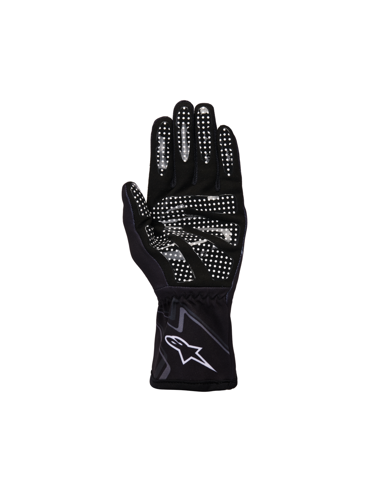 Alpinestars Jugend-Tech-1 K Race S V2 Graphic 1 Handschuhe, Schwarz, Teergrau und Weiß, Innenansicht der Handfläche mit weißem Silikon-Gripmuster auf Fingern und Handfläche, synthetische Wildlederkonstruktion, weißes A-Star-Logo am elastischen Bündchen