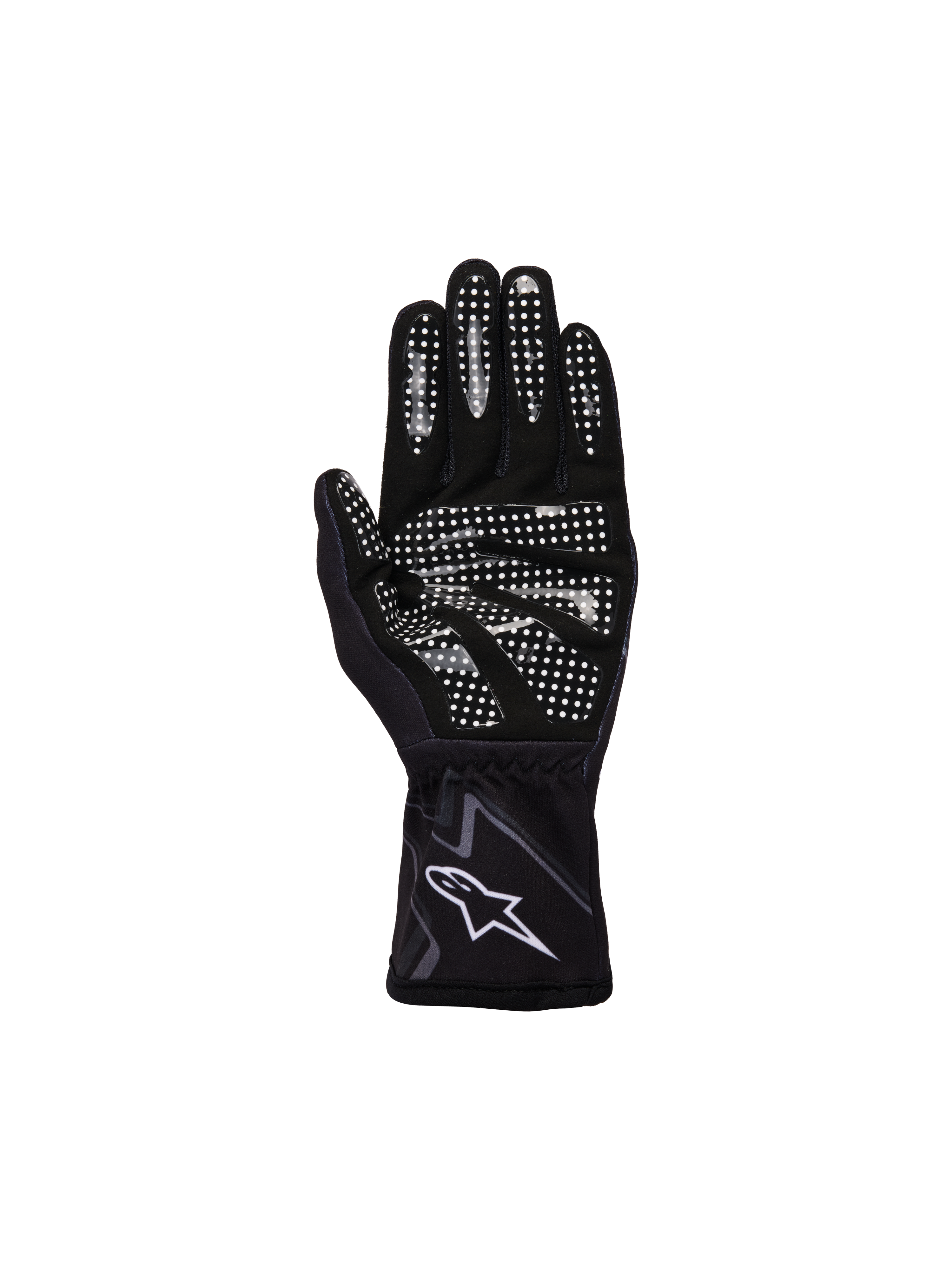 Alpinestars Jugend-Tech-1 K Race S V2 Graphic 1 Handschuhe, Schwarz, Teergrau und Weiß, Innenansicht der Handfläche mit weißem Silikon-Gripmuster auf Fingern und Handfläche, synthetische Wildlederkonstruktion, weißes A-Star-Logo am elastischen Bündchen