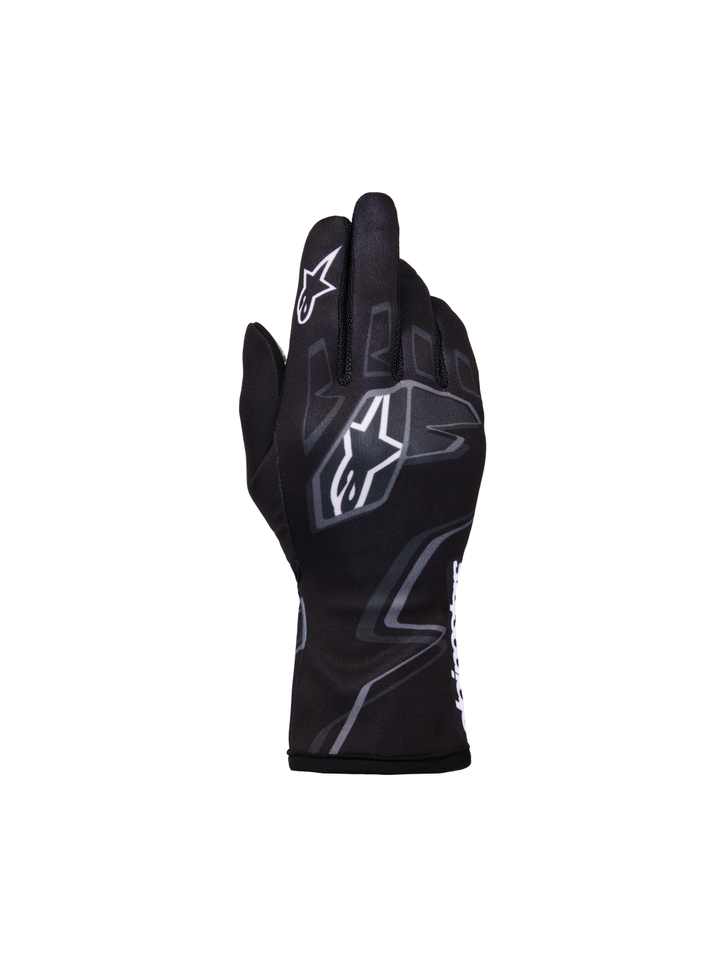 Alpinestars Youth Tech-1 K Race S V2 Graphic 1 Handschuhe, Kart-Rennhandschuhe für Jugendliche, Schwarz, Tar-Grau und Weiß, mit markanten weißen Astar-Logos und grauen Flammen-Grafiken, leichte Textilkonstruktion mit sicherem elastischem Bündchen