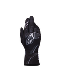 Alpinestars Youth Tech-1 K Race S V2 Graphic 1 Handschuhe, Kart-Rennhandschuhe für Jugendliche, Schwarz, Tar-Grau und Weiß, mit markanten weißen Astar-Logos und grauen Flammen-Grafiken, leichte Textilkonstruktion mit sicherem elastischem Bündchen