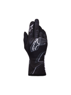 Alpinestars Youth Tech-1 K Race S V2 Graphic 1 Handschuhe, Kart-Rennhandschuhe für Jugendliche, Schwarz, Tar-Grau und Weiß, mit markanten weißen Astar-Logos und grauen Flammen-Grafiken, leichte Textilkonstruktion mit sicherem elastischem Bündchen