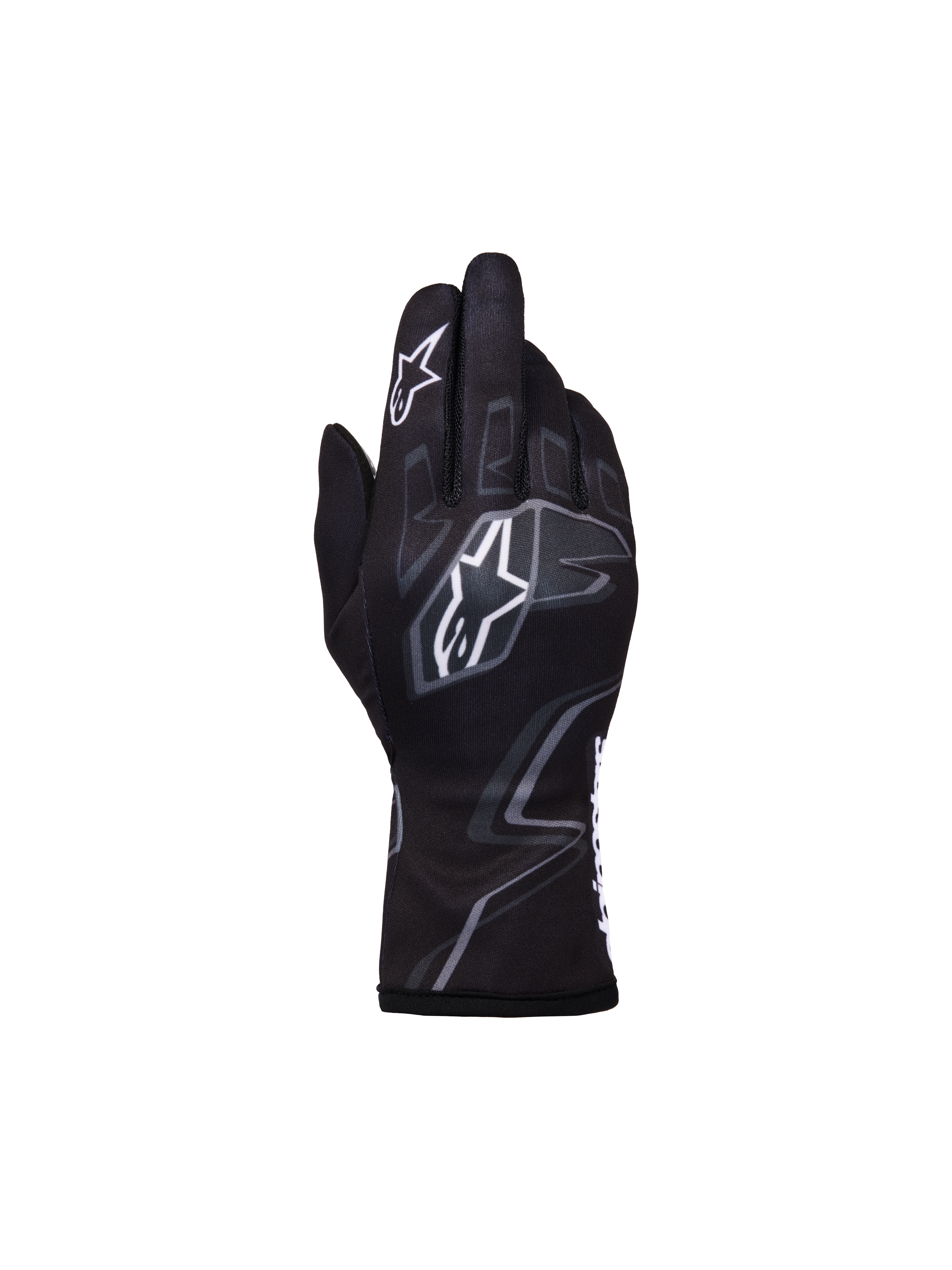 Alpinestars Youth Tech-1 K Race S V2 Graphic 1 Handschuhe, Kart-Rennhandschuhe für Jugendliche, Schwarz, Tar-Grau und Weiß, mit markanten weißen Astar-Logos und grauen Flammen-Grafiken, leichte Textilkonstruktion mit sicherem elastischem Bündchen