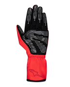 Alpinestars Jugend Tech-1 K Race S V2 Pure Handschuhe, Kart-Handschuhe, Rot, Handflächenansicht mit weiß gepunktetem Silikon-Grip auf schwarzem synthetischem Veloursleder, elastisches Handgelenk mit Alpinestars-Logo.