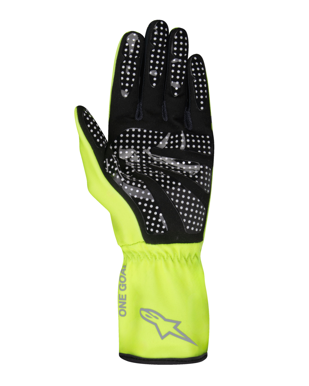 Alpinestars Tech-1 K Race V2 Pure Handschuhe, Karting-Handschuhe, Gelb Fluo und Schwarz, Ansicht der Handinnenfläche mit weiß gepunktetem Silikon-Grip-Muster, graues Alpinestars-Logo und 'ONE GOAL'-Schriftzug am Bündchen, professionelle Motorsportausrüstung
