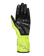 Alpinestars Tech-1 K Race V2 Pure Handschuhe, Karting-Handschuhe, Gelb Fluo und Schwarz, Ansicht der Handinnenfläche mit weiß gepunktetem Silikon-Grip-Muster, graues Alpinestars-Logo und 'ONE GOAL'-Schriftzug am Bündchen, professionelle Motorsportausrüstung