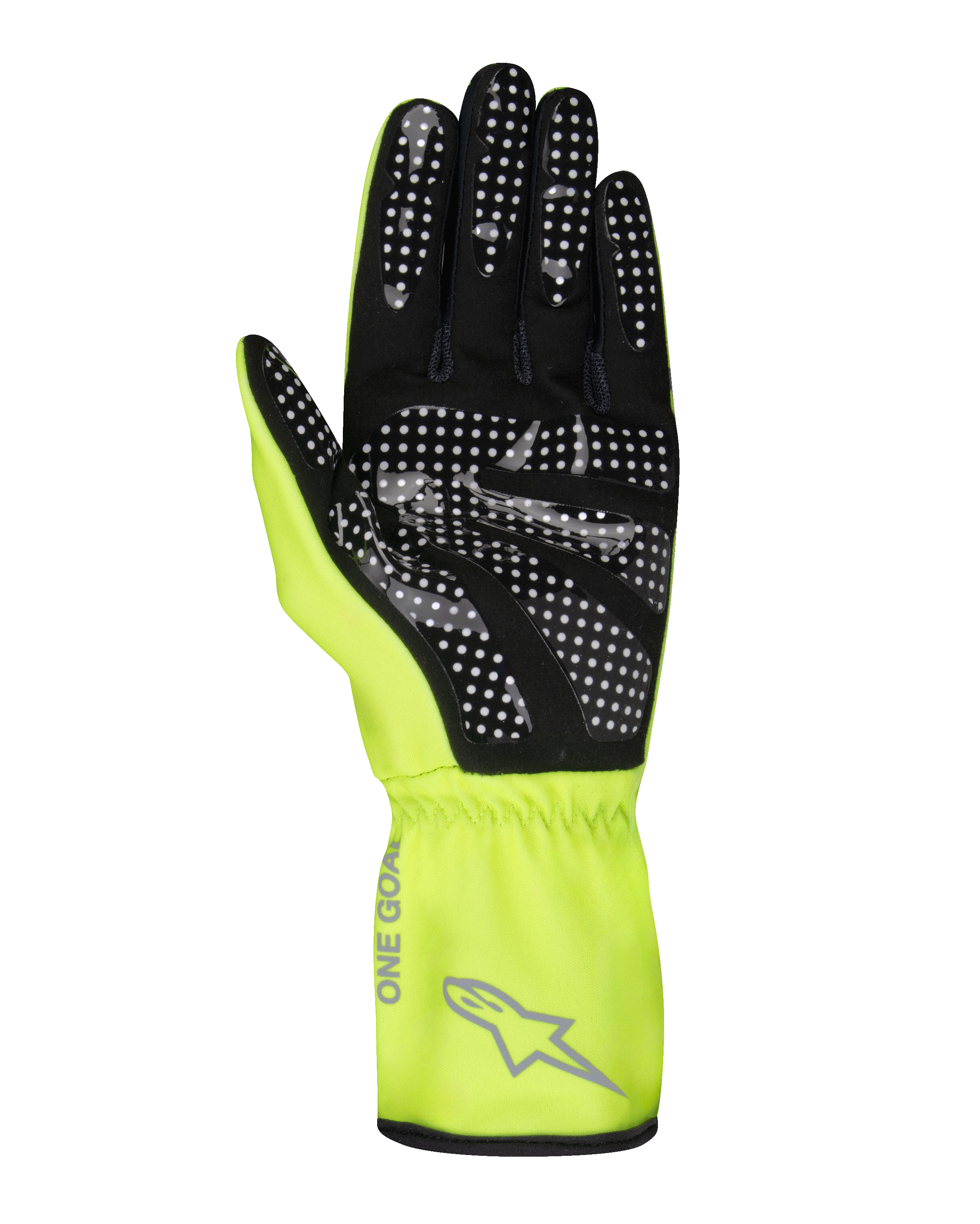 Alpinestars Tech-1 K Race V2 Pure Handschuhe, Karting-Handschuhe, Gelb Fluo und Schwarz, Ansicht der Handinnenfläche mit weiß gepunktetem Silikon-Grip-Muster, graues Alpinestars-Logo und 'ONE GOAL'-Schriftzug am Bündchen, professionelle Motorsportausrüstung