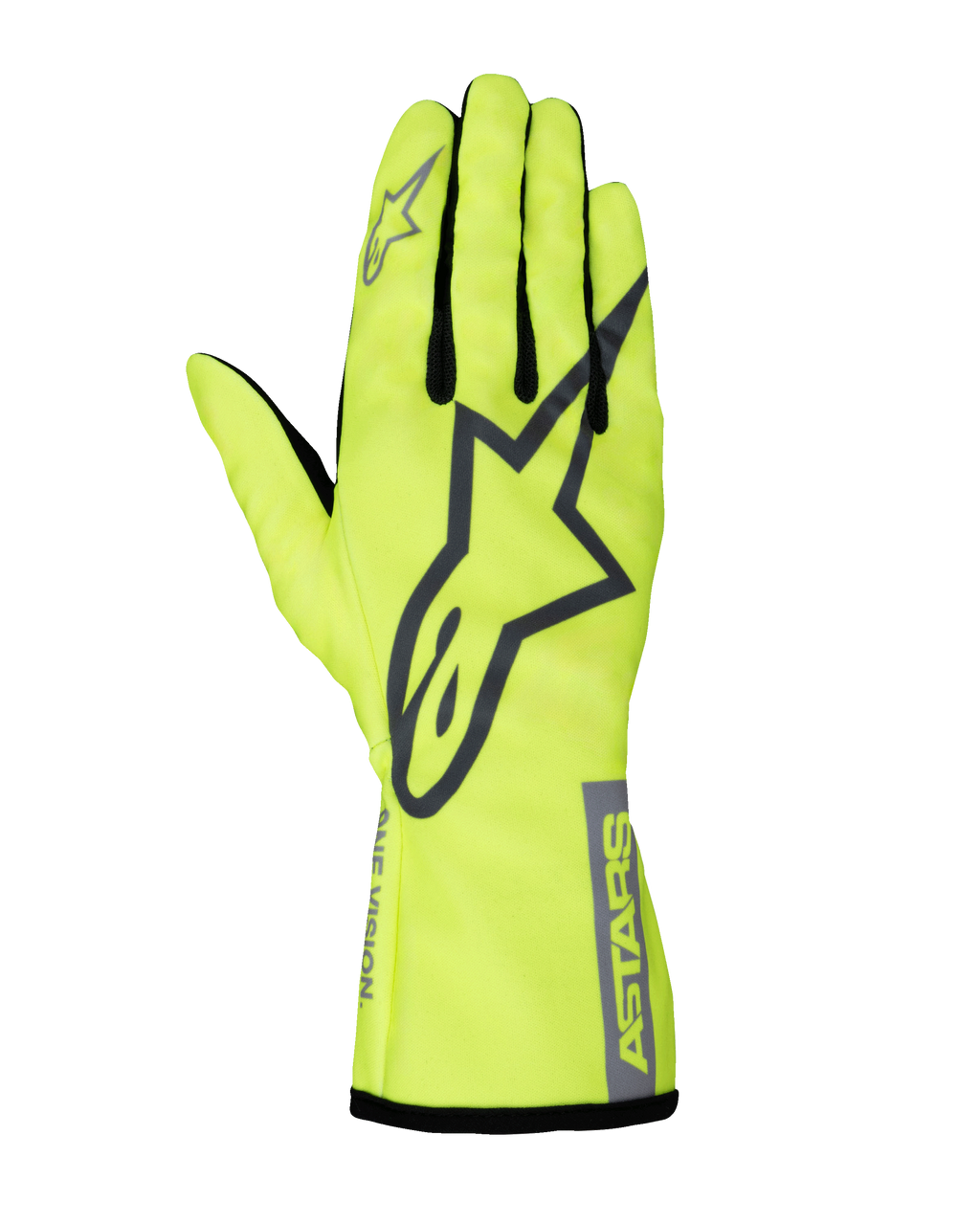 Alpinestars Youth Tech-1 K Race S V2 Pure Handschuhe, Karting-Rennhandschuhe, Fluoreszierendes Gelb und Grau, mit großem A-Star Logo auf dem Handrücken, ASTARS-Branding am Bündchen und Mesh-Einsätzen zwischen den Fingern.
