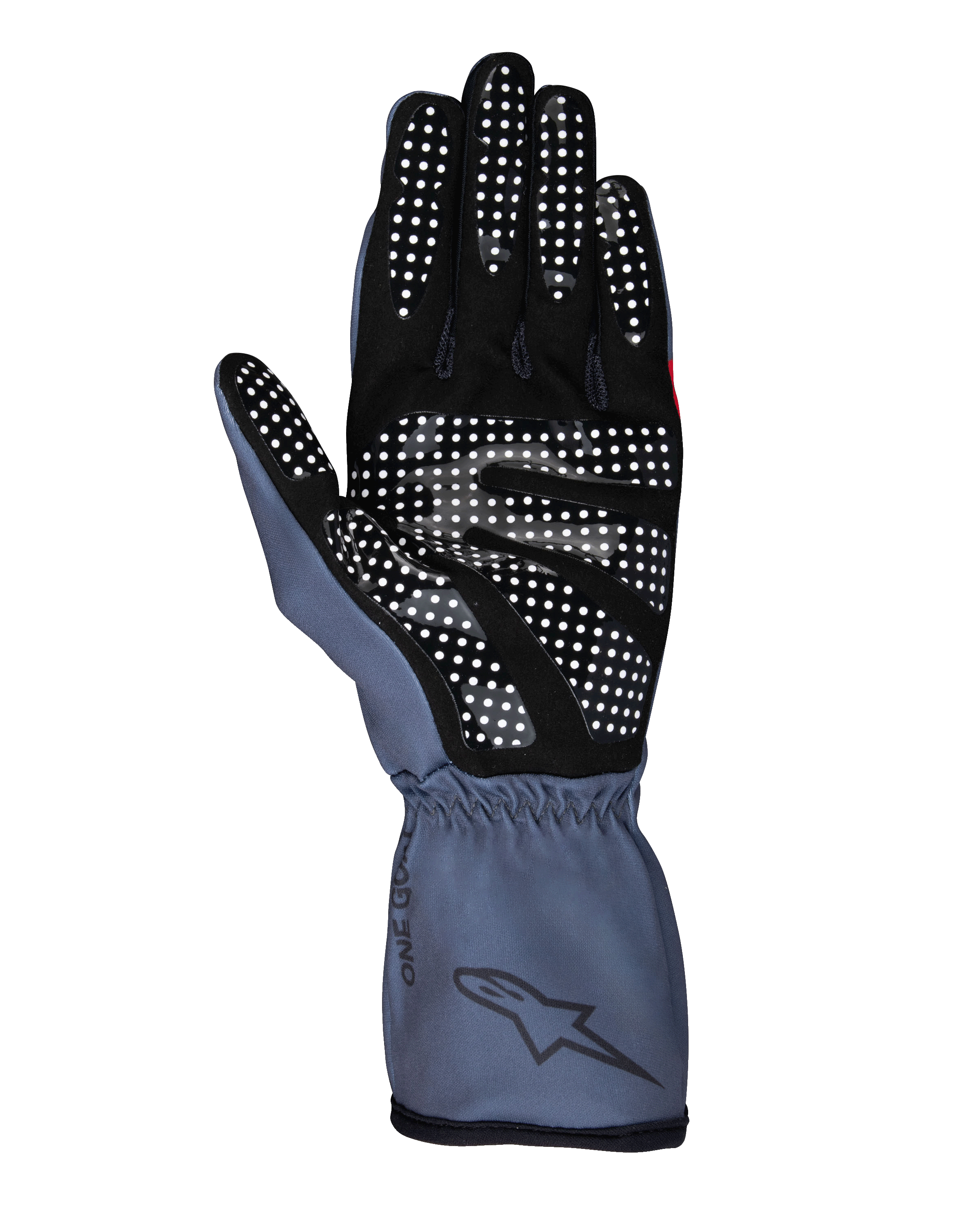 Alpinestars Tech-1 K Race V2 Pure Gloves, Karting Gloves, Asphalt and Black, palm side view showing white silicone grip pattern, ergonomic design with gauntlet cuff and Alpinestars branding