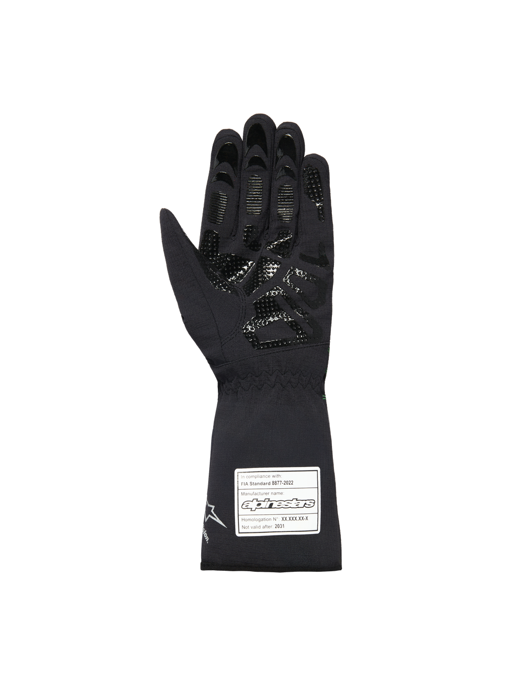 Alpinestars Youth Tempest V3 Waterproof S Handschuhe, schwarze Kart-Handschuhe, Handflächenansicht mit strukturiertem Silikon-Gripmuster auf Fingern und Handfläche, lange Stulpe mit weißem FIA 8877-2022 Zertifizierungsetikett, wasserdichtes Textildesign.