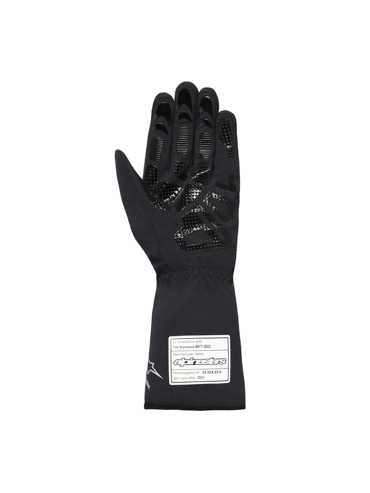 Alpinestars Youth Tempest V3 Waterproof S Handschuhe, schwarze Kart-Handschuhe, Handflächenansicht mit strukturiertem Silikon-Gripmuster auf Fingern und Handfläche, lange Stulpe mit weißem FIA 8877-2022 Zertifizierungsetikett, wasserdichtes Textildesign.