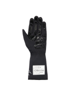 Alpinestars Youth Tempest V3 Waterproof S Handschuhe, schwarze Kart-Handschuhe, Handflächenansicht mit strukturiertem Silikon-Gripmuster auf Fingern und Handfläche, lange Stulpe mit weißem FIA 8877-2022 Zertifizierungsetikett, wasserdichtes Textildesign.