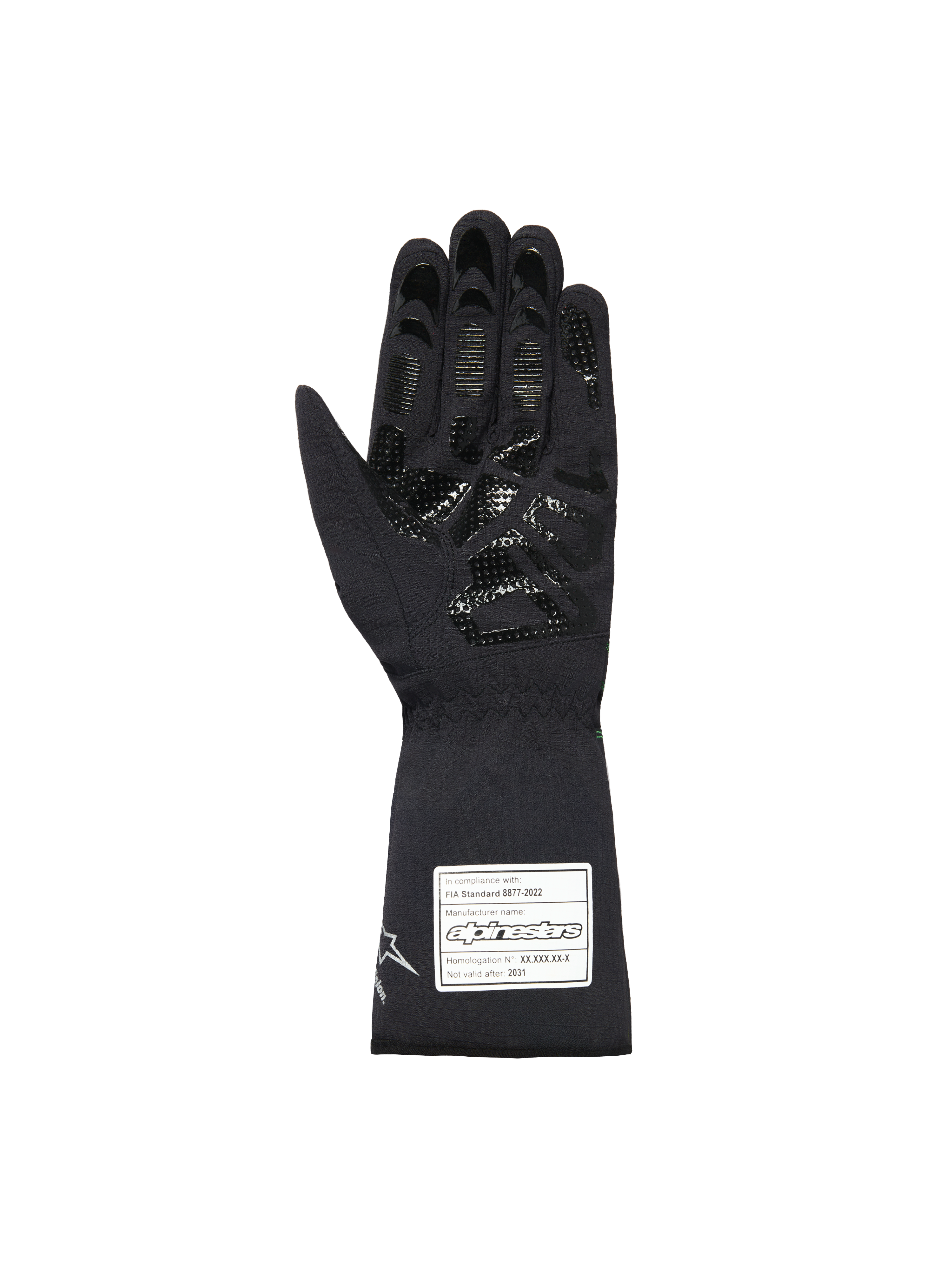 Alpinestars Youth Tempest V3 Waterproof S Handschuhe, schwarze Kart-Handschuhe, Handflächenansicht mit strukturiertem Silikon-Gripmuster auf Fingern und Handfläche, lange Stulpe mit weißem FIA 8877-2022 Zertifizierungsetikett, wasserdichtes Textildesign.