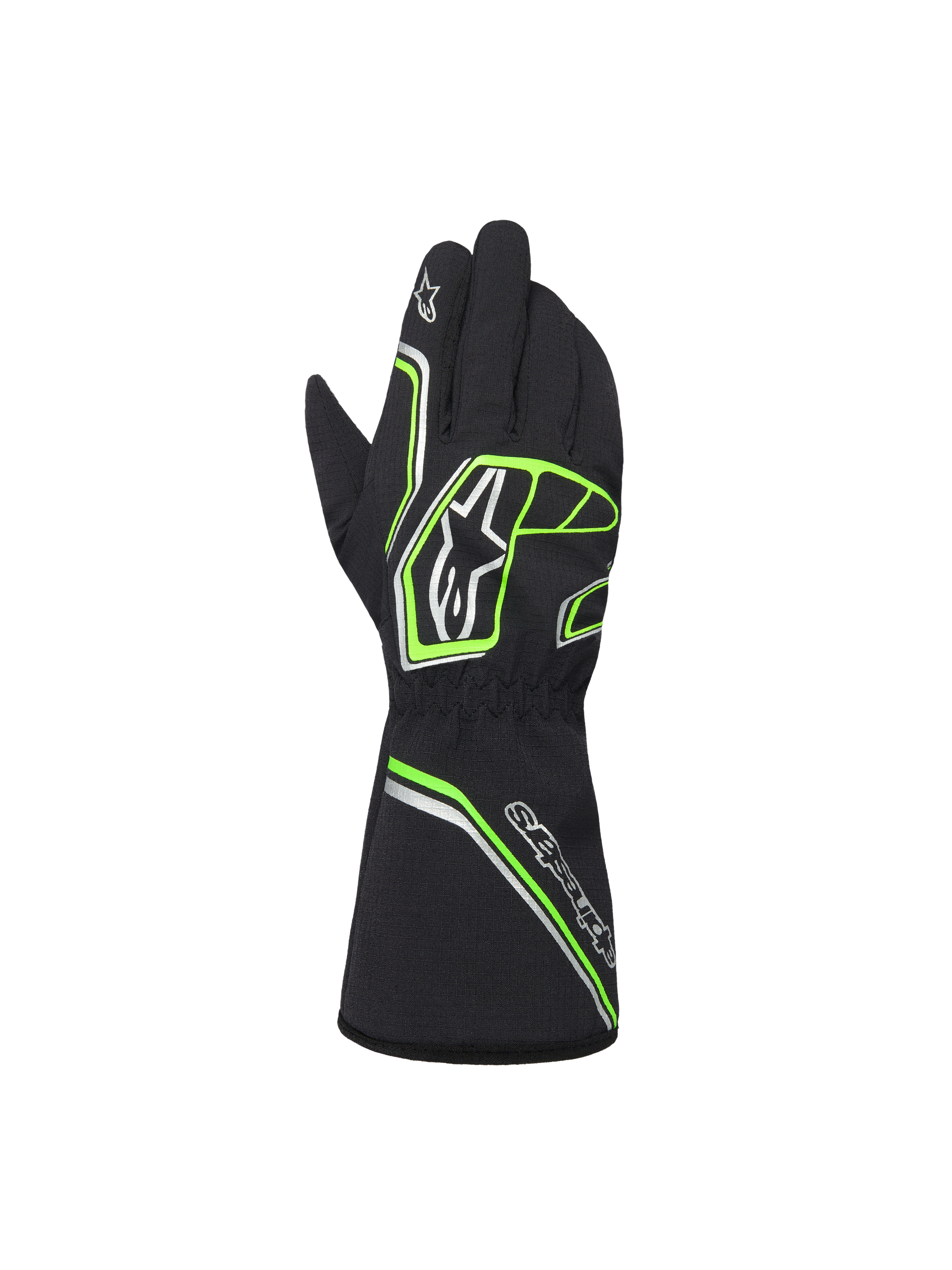Alpinestars Youth Tempest V3 Waterproof S Handschuhe, Schwarz mit neongrünen und silbernen Akzenten, Rückansicht im Stulpen-Stil, neongrüne geometrische Muster und Astar-Logos, wasserdichte Karting-Handschuhe für junge Fahrer