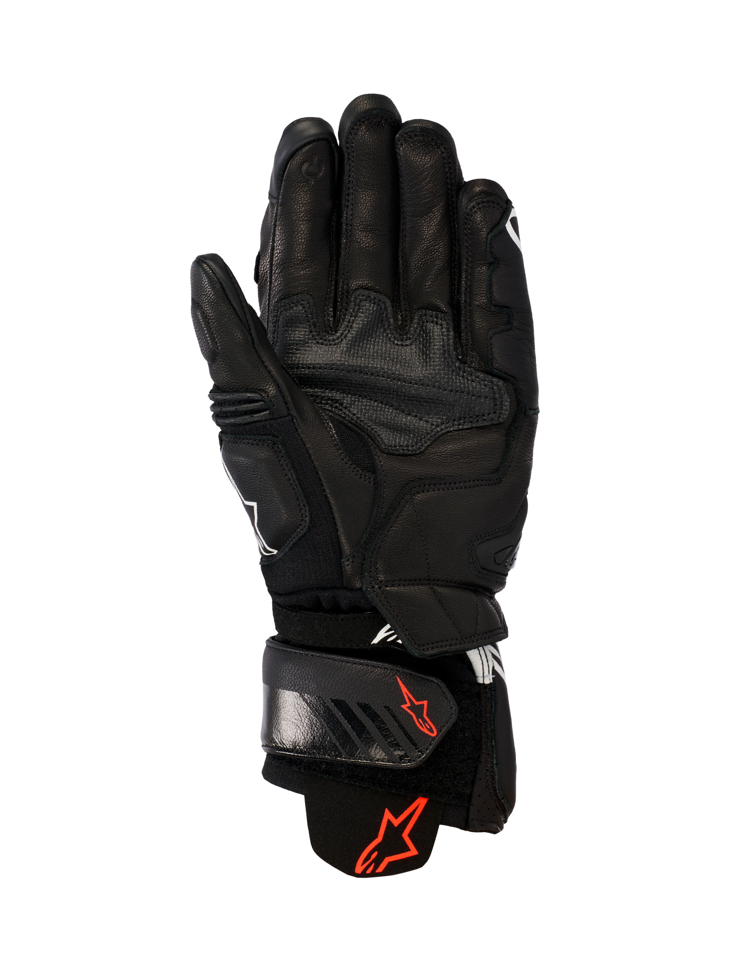 Alpinestars GP Plus R V3 Leather Gloves, Black, palm view showing durable leather construction, red Astars logos on the wrist strap and cuff, reinforced grip panels, and an adjustable closure for racing and sport performance.