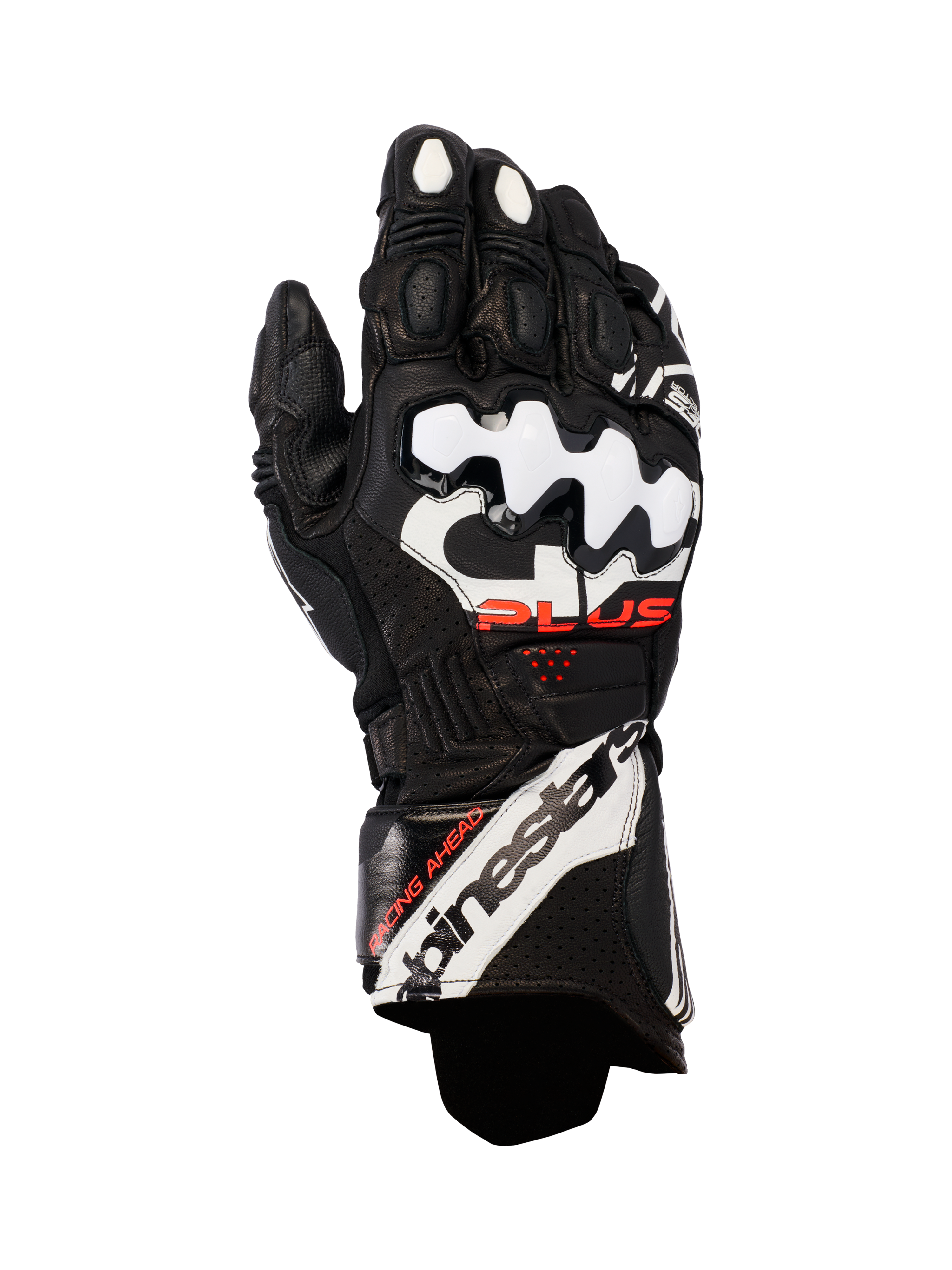 Alpinestars GP Plus R V3 Lederhandschuhe, Motorrad-Rennhandschuhe, Schwarz mit weißen und roten Akzenten, weiße DFS-Knöchelprotektoren, perforiertes Leder für Atmungsaktivität und markantes Alpinestars-Branding an der Manschette