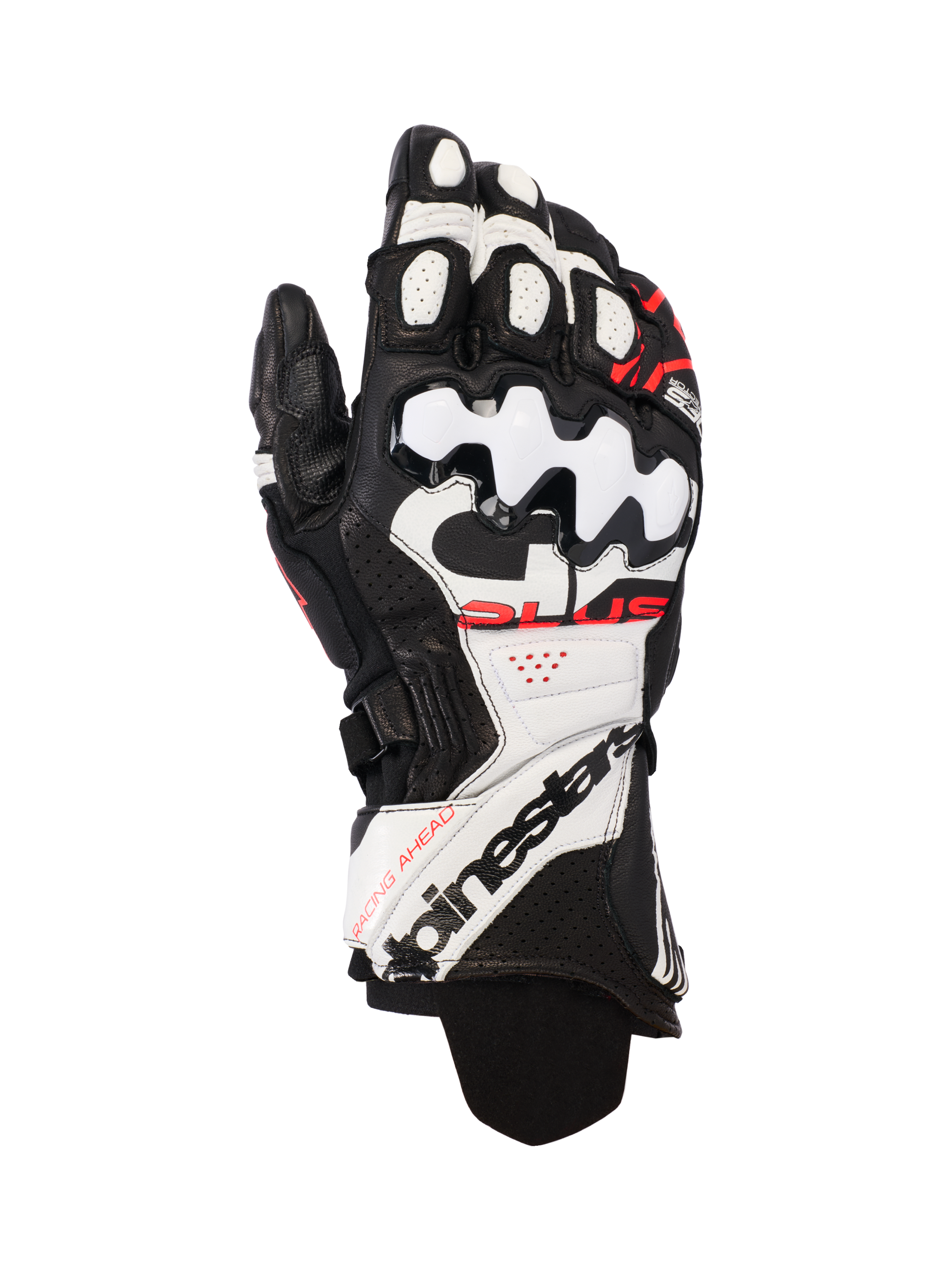 Alpinestars GP Plus R V3 Lederhandschuhe, Motorrad-Racing-Handschuhe, Schwarz, Weiß und Rot Fluo, hochwertige Lederkonstruktion mit hartem TPU-Knöchelschutz, perforierte Paneele für Luftzirkulation, markantes Branding auf der verlängerten Manschette