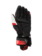 Alpinestars GP Plus R V3 Lederhandschuhe, Racing/Sport Motorradhandschuhe, Schwarz Weiß und leuchtendes Rot, Handflächenansicht mit verstärkter Lederkonstruktion, Handflächen-Slidern und einer Aramid-Stretch-Manschette, mit sicherem Handgelenkverschluss mit Alpinestars-Logo und ergonomischem, vorgekrümmtem Design