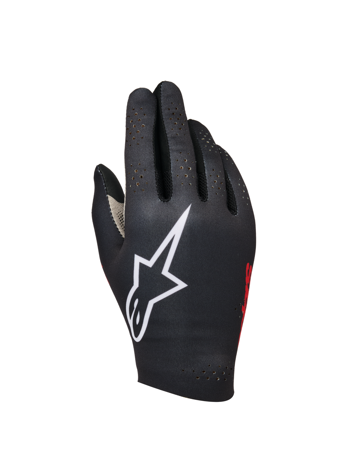 Alpinestars Sim Gloves Graphic 1, Sim-Racing-Handschuhe, Schwarz mit großem weißem Stern-Logo, rotes Branding an der Seite, perforiertes Design zur Belüftung, leichtes gebundenes Stretchgewebe