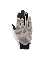 Alpinestars Sim Gloves Graphic 1, SIM Racing Gloves, Silver Ice Black and Red Tangerine, palm view featuring 3D grip print and Nanofront® fabric, perforated thumb section, and black touchscreen-compatible fingertips for virtual racing performance.