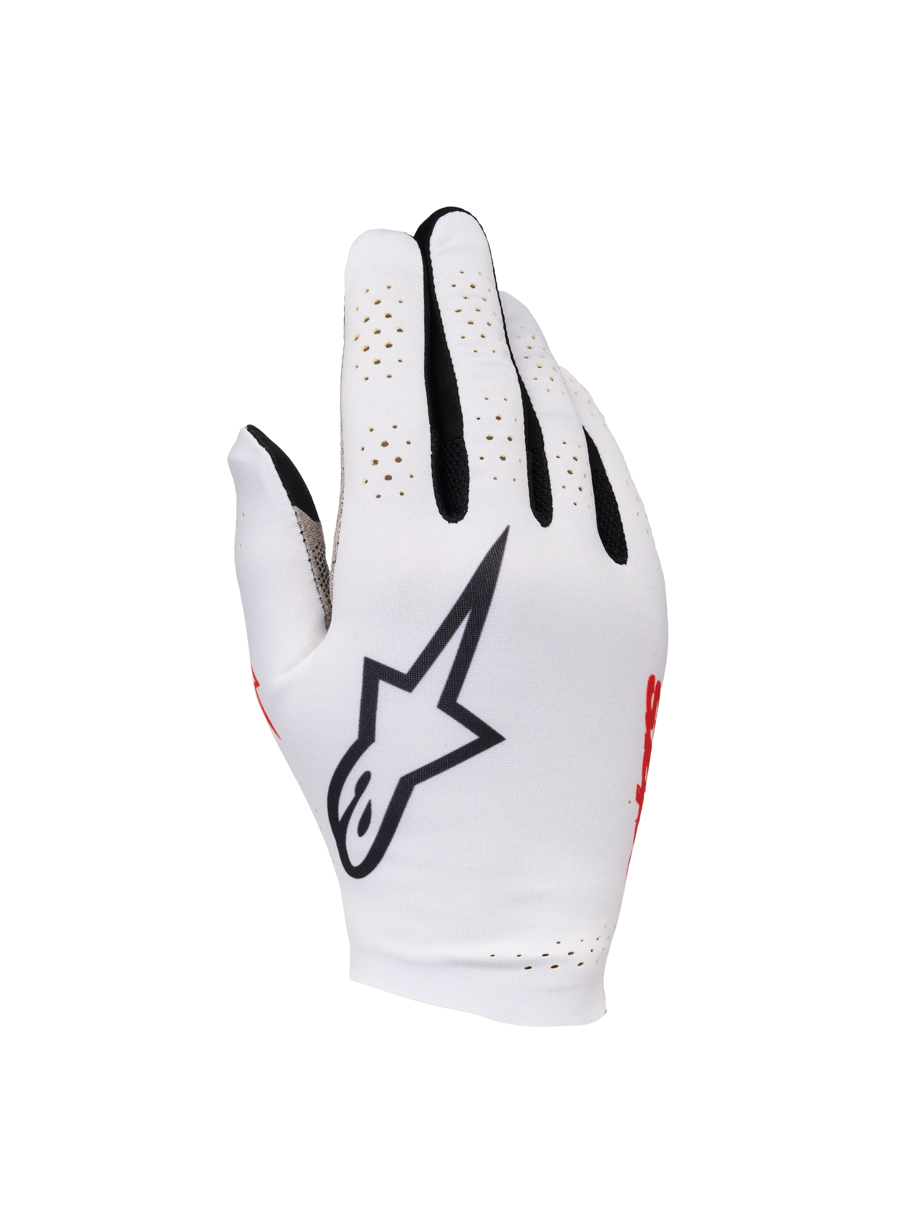 Alpinestars Sim Gloves Graphic 1, SIM-Rennhandschuhe, Silver Ice mit schwarzen und roten Akzenten, auffälliges schwarzes Sternlogo auf dem Handrücken, perforierte Fingereinsätze zur Belüftung, leichtes Textildesign für Präzision beim Gaming.