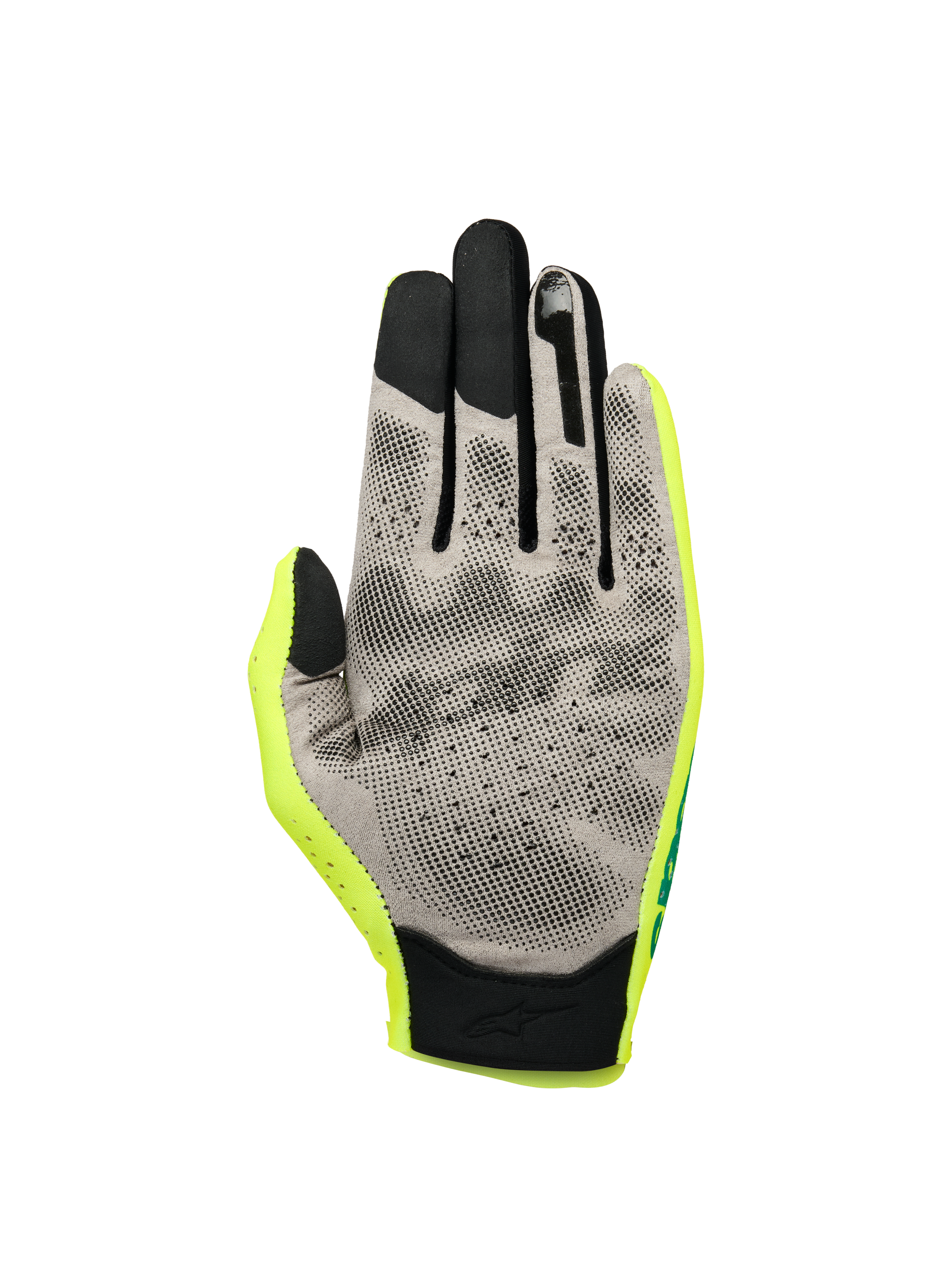 Alpinestars Sim Gloves Graphic 1, SIM-Racing-Handschuhe, Safety Yellow, Schwarz und Türkis, Handflächenansicht mit grauem Nanofront®-Material, schwarzem 3D-Grip-Muster, Touchscreen-kompatiblen Fingerspitzen und leichter Textilkonstruktion