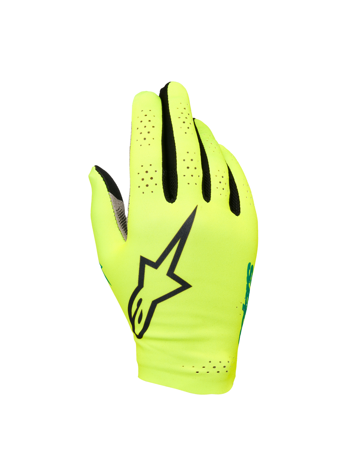 Alpinestars Sim Gloves Graphic 1, SIM-Racing-Handschuhe, Sicherheitsgelb und Schwarz mit türkisfarbenen Akzenten, großes schwarzes Stern-Logo, perforiertes, leichtes Stretch-Material für Belüftung, kurzes Manschettendesign für Gaming-Präzision
