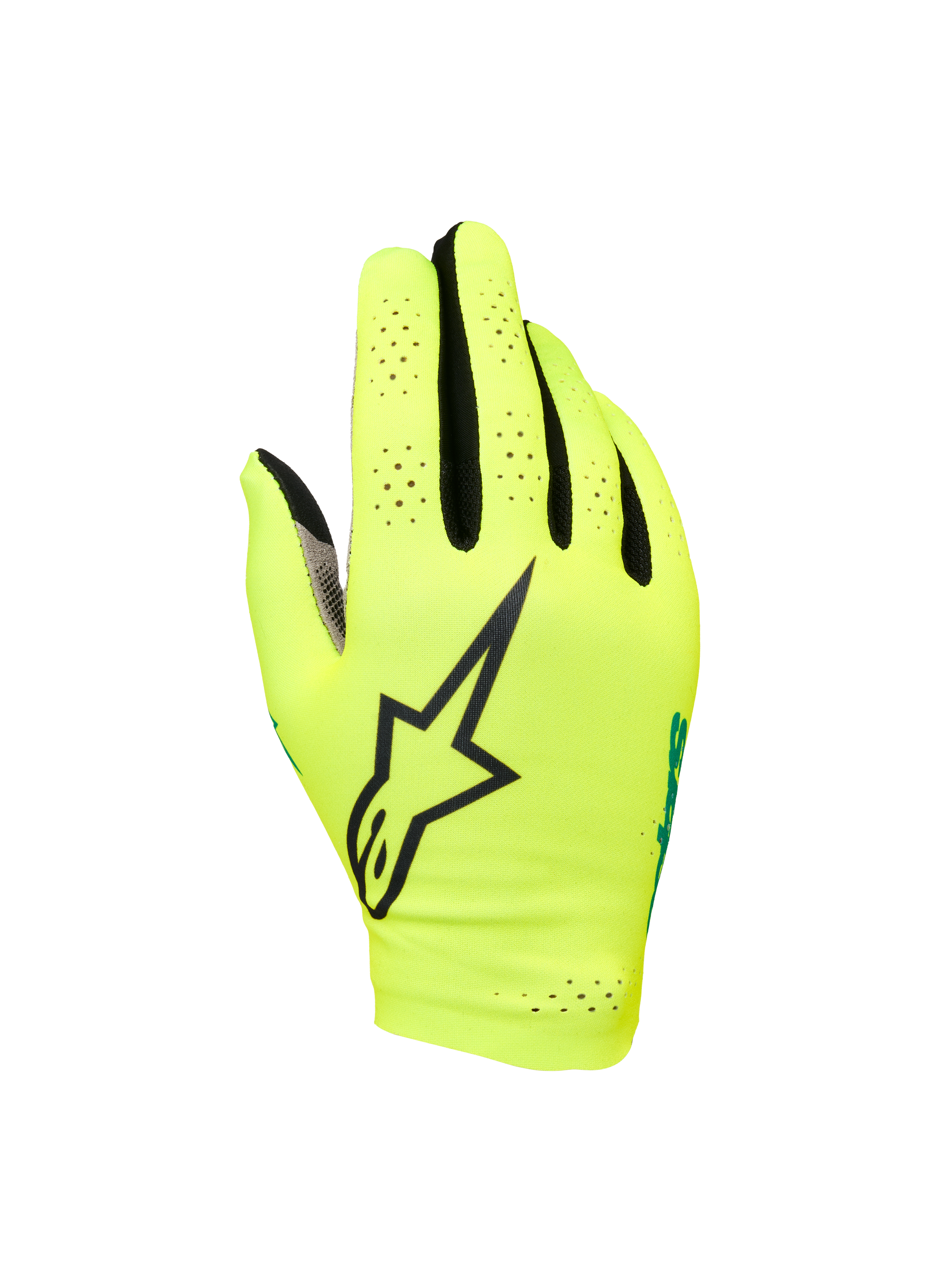 Alpinestars Sim Gloves Graphic 1, SIM-Racing-Handschuhe, Sicherheitsgelb und Schwarz mit türkisfarbenen Akzenten, großes schwarzes Stern-Logo, perforiertes, leichtes Stretch-Material für Belüftung, kurzes Manschettendesign für Gaming-Präzision