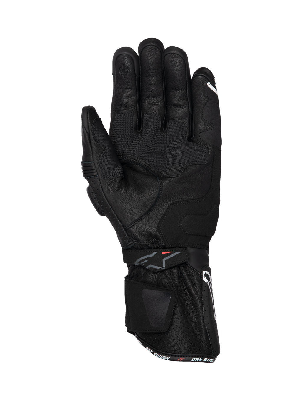 Alpinestars SP-3 Handschuhe, Motorradhandschuhe aus Leder, Schwarz, lange Stulpe mit verstärktem Grip, Handflächenansicht.