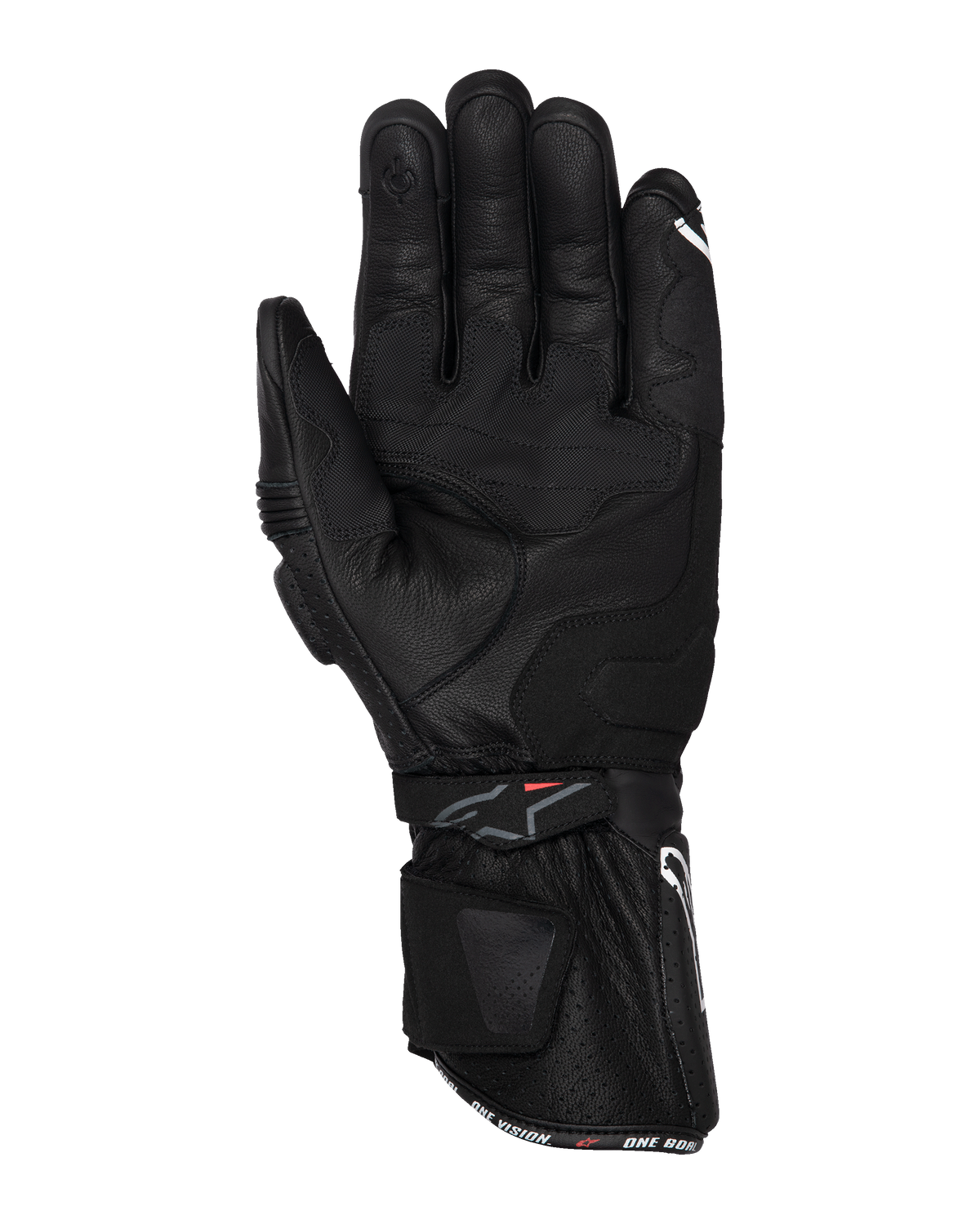 Alpinestars SP-3 Gloves, Black Motorcycle Gloves, palm view featuring full leather construction, long gauntlet cuff with dual closure system, palm grip reinforcements, and touchscreen-compatible fingertip, racing-inspired road gear