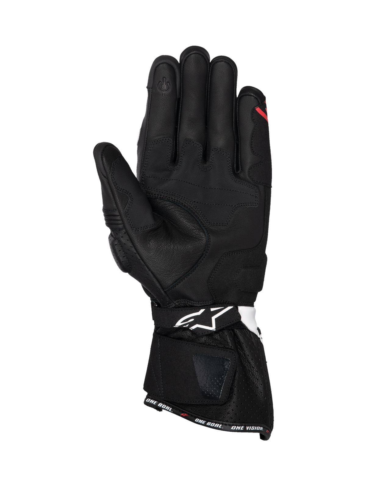 Alpinestars SP-3 Motorradhandschuhe, schwarzes Leder, Handflächenansicht mit weißen Akzenten, touchscreen-kompatibel.