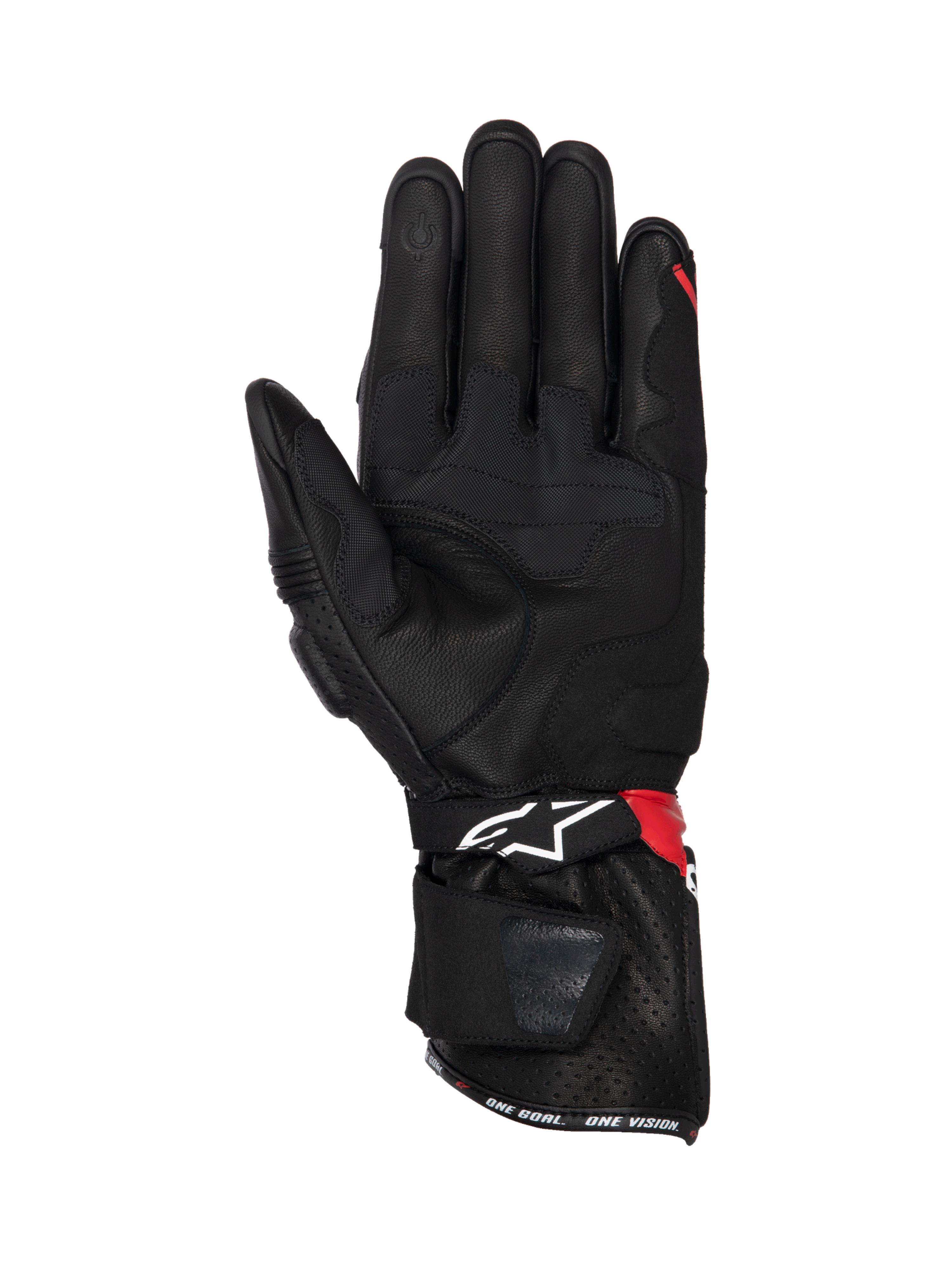 Alpinestars SP-3 Handschuhe, Motorrad-Rennhandschuhe aus schwarzem Leder mit roten Details, Grip-Einsätze an der Handfläche.