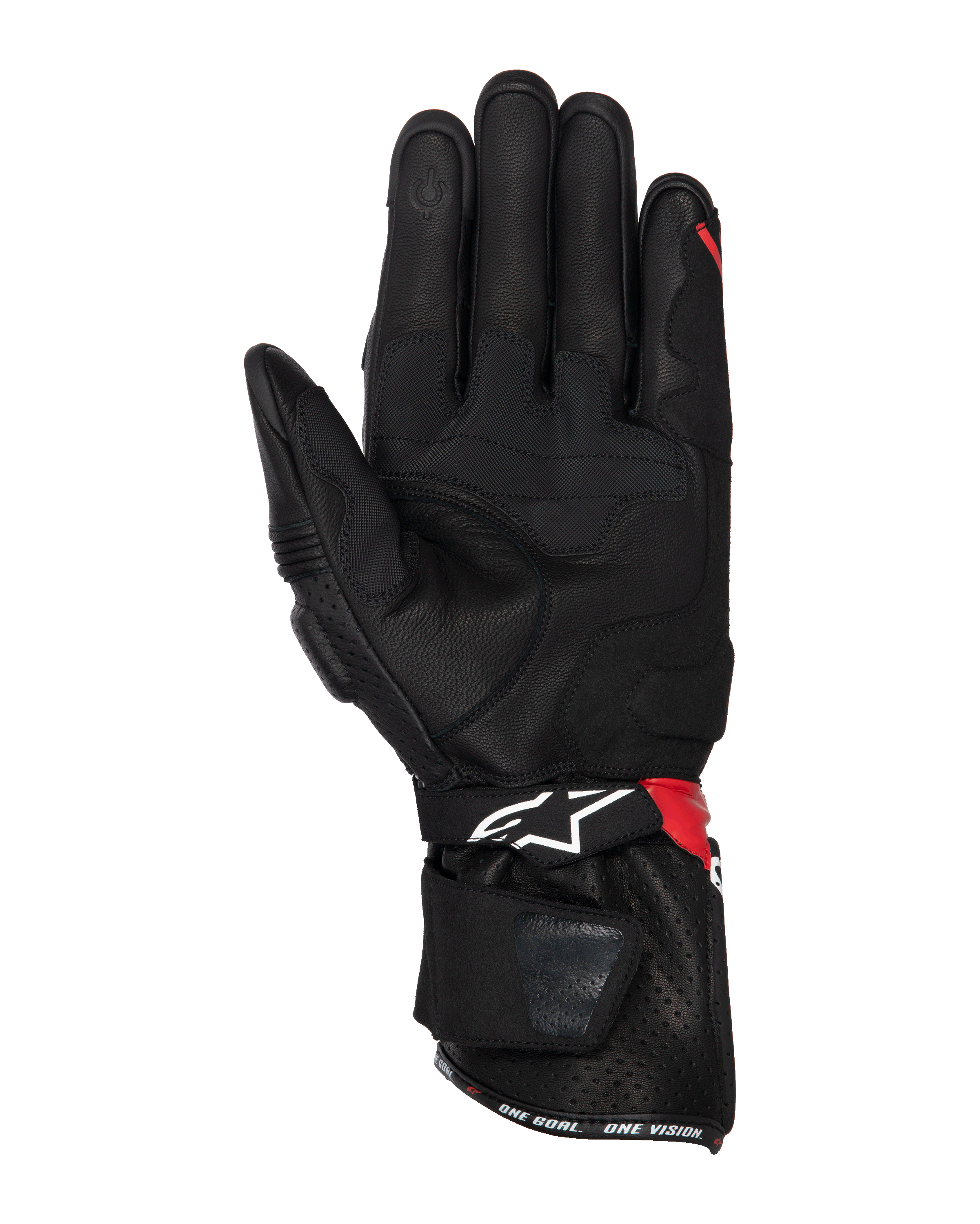 Alpinestars SP-3 Handschuhe, Motorradhandschuhe, Schwarz, Leuchtendes Rot und Weiß, Innenhandansicht mit Lederkonstruktion und Grip-Verstärkungen, touchscreen-kompatible Fingerspitze, lange Stulpe mit weißem Logo und roten Akzenten, Sport- und Renndesign.