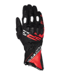 Alpinestars SP-3 Handschuhe, Motorrad-Rennhandschuhe mit langer Stulpe, Schwarz mit leuchtend roten und weißen Akzenten, PU-beschichteter Knöchelschutz, weiße perforierte Fingereinsätze, vom Rennsport inspiriertes Design mit auffälligem Branding, strapazierfähige Konstruktion aus Ziegenleder