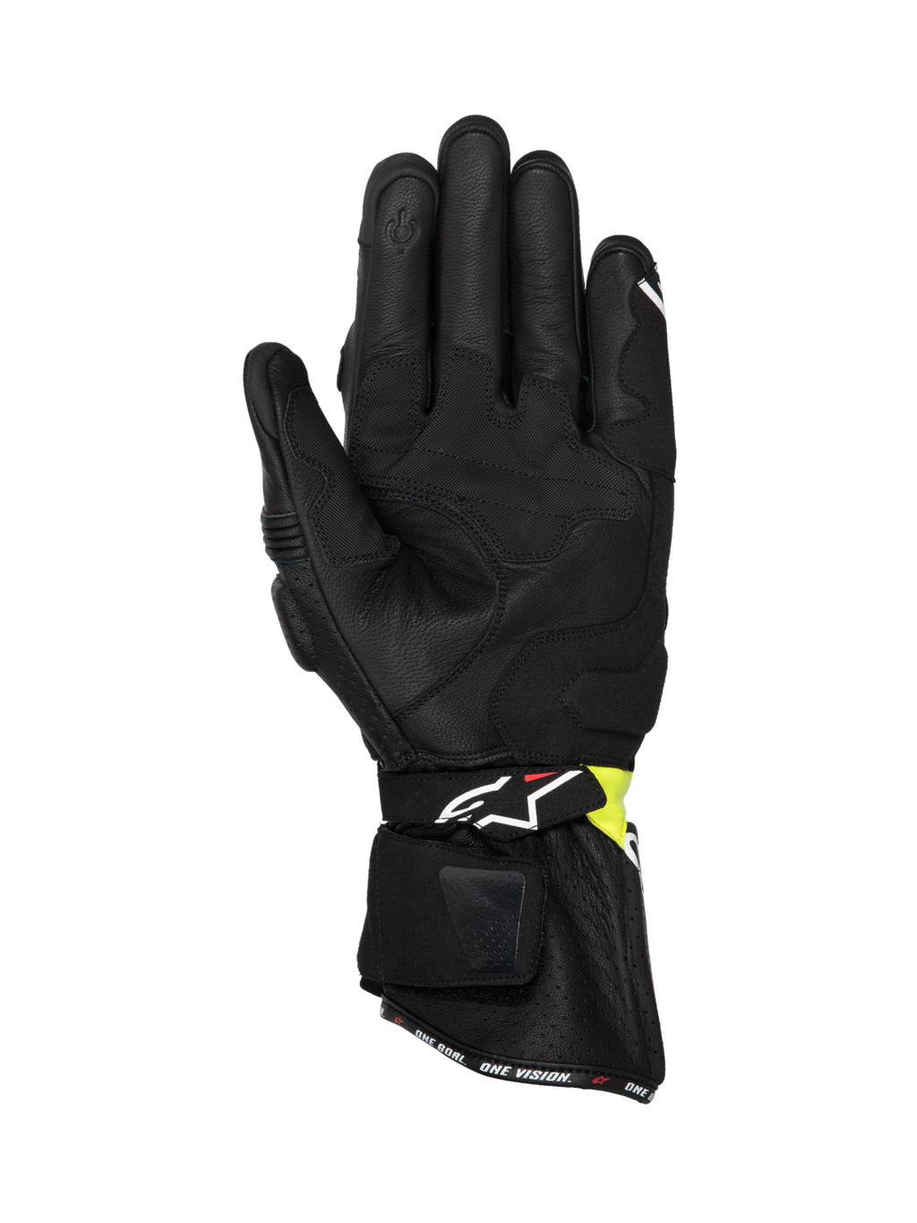 Alpinestars SP-3 Handschuhe, Motorradhandschuhe für Herren, Handflächenansicht, Schwarz und Gelb Fluo, Premium-Leder mit langer Manschette und Touchscreen-Zeigefinger, CE-zertifiziert