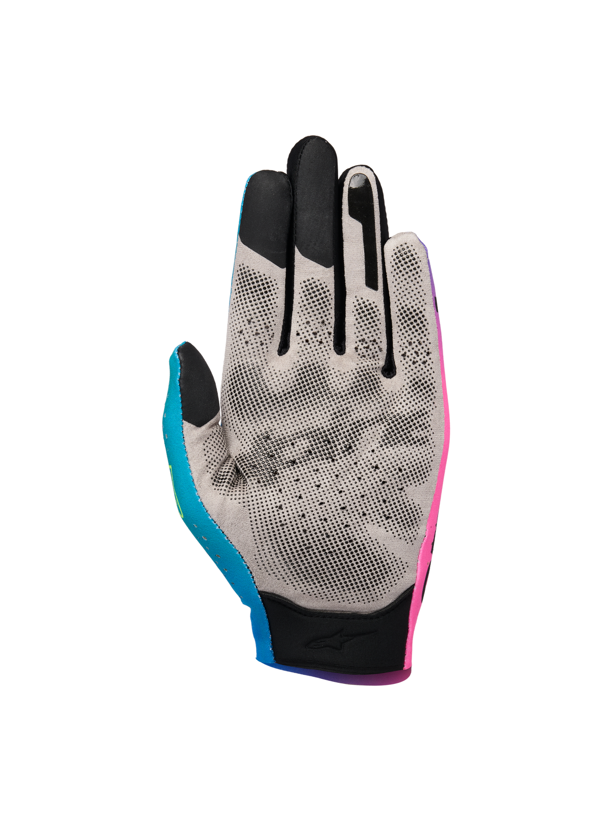 Alpinestars Sim Handschuhe Graphic 2, SIM-Rennhandschuhe, Pink, Cyan und Schwarz, Handflächenansicht mit grauem Nanofront-Gewebe und schwarzem 3D-Grip-Muster, Touchscreen-kompatible Fingerspitzen, spezialisiert auf Performance im virtuellen Rennsport.